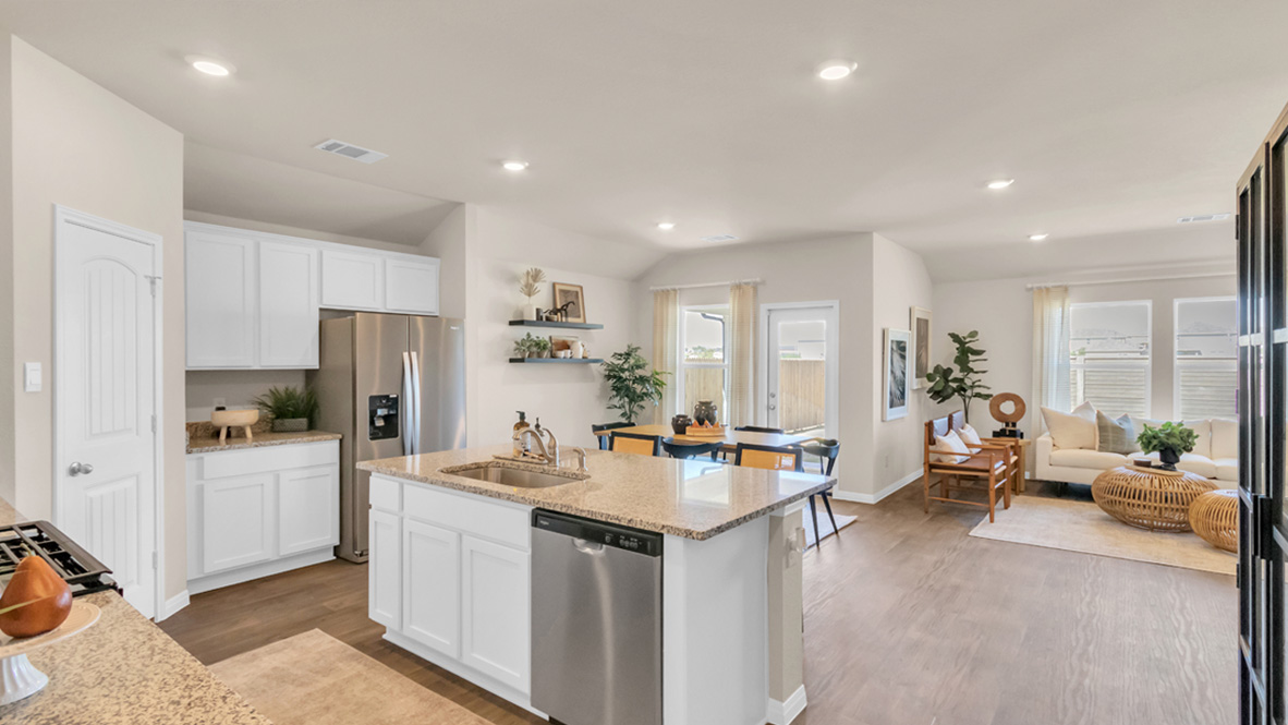 Open concept kitchen and living area.