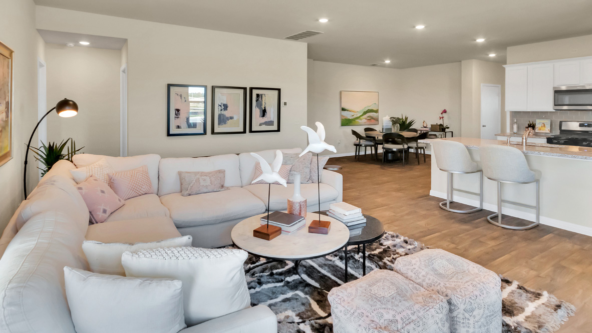 spacious living room with a white sectional