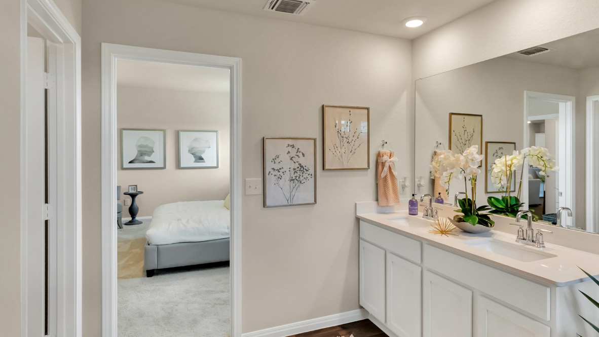 bathroom with dual vanity sinks, and a walk in shower