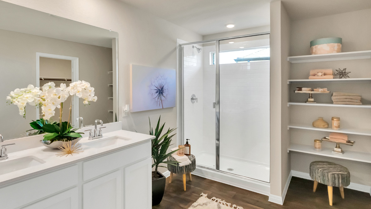 bathroom with dual vanity sinks, and a walk in shower
