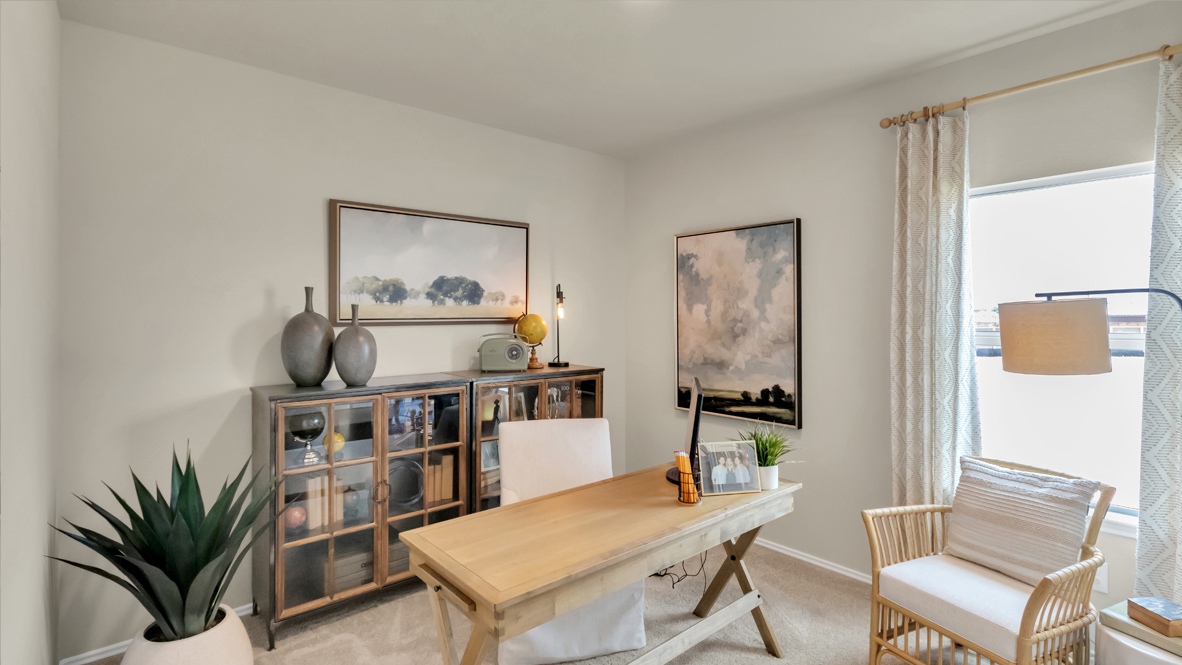 home office with a desk, chair and decor