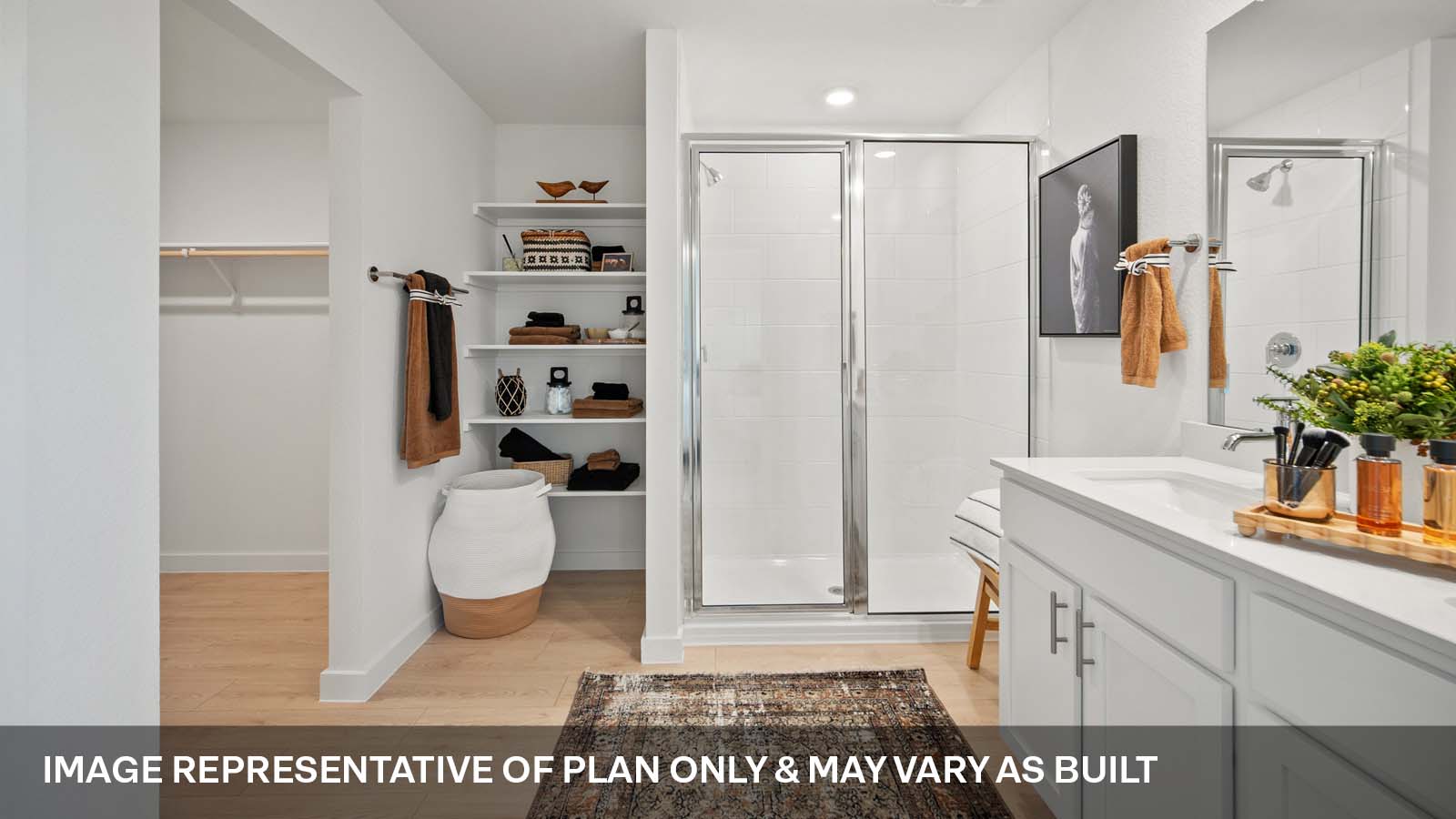 Beautiful main bathroom with walk-in shower and double vanity sink.