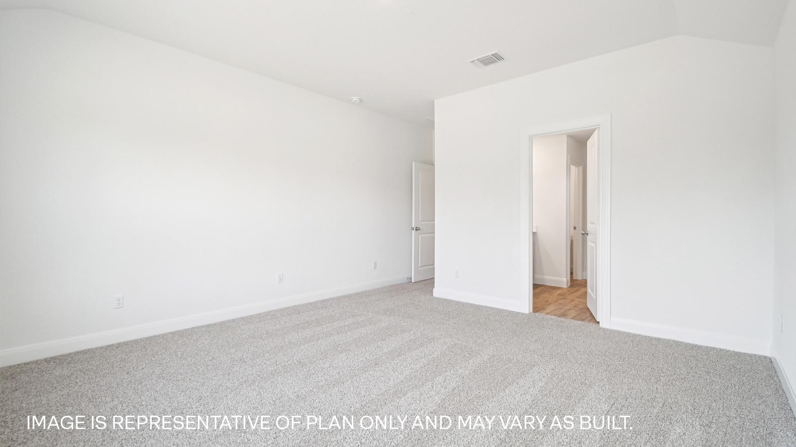 Primary bedroom with carpeted flooring and large window.