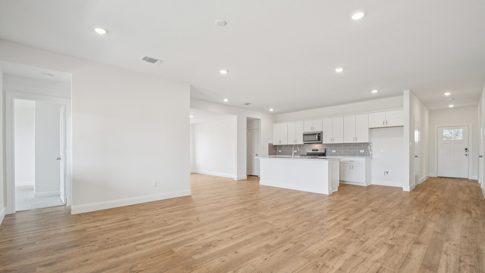 Open living area and kitchen.