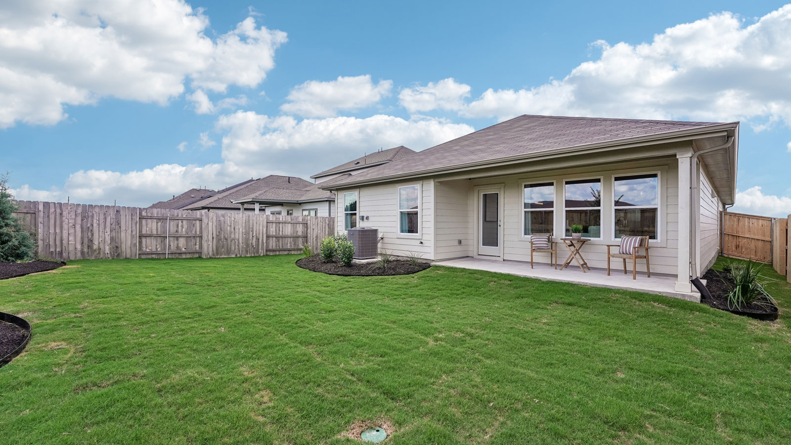 Backyard with covered back patio.