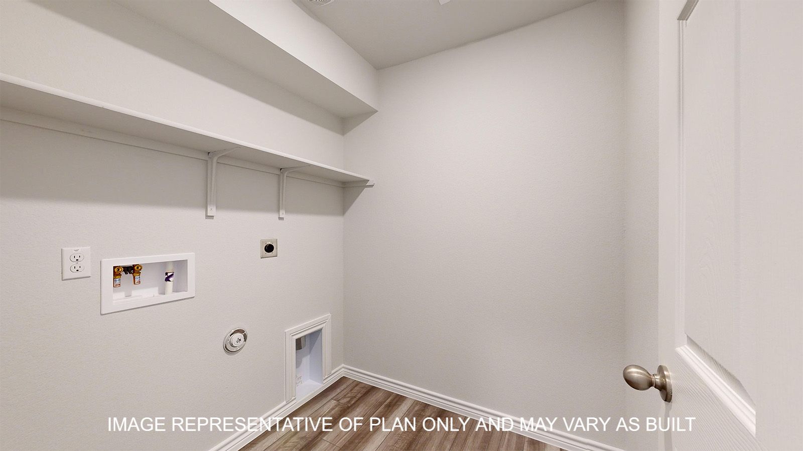 Dakota utility room with vinyl plank flooring and storage shelf.