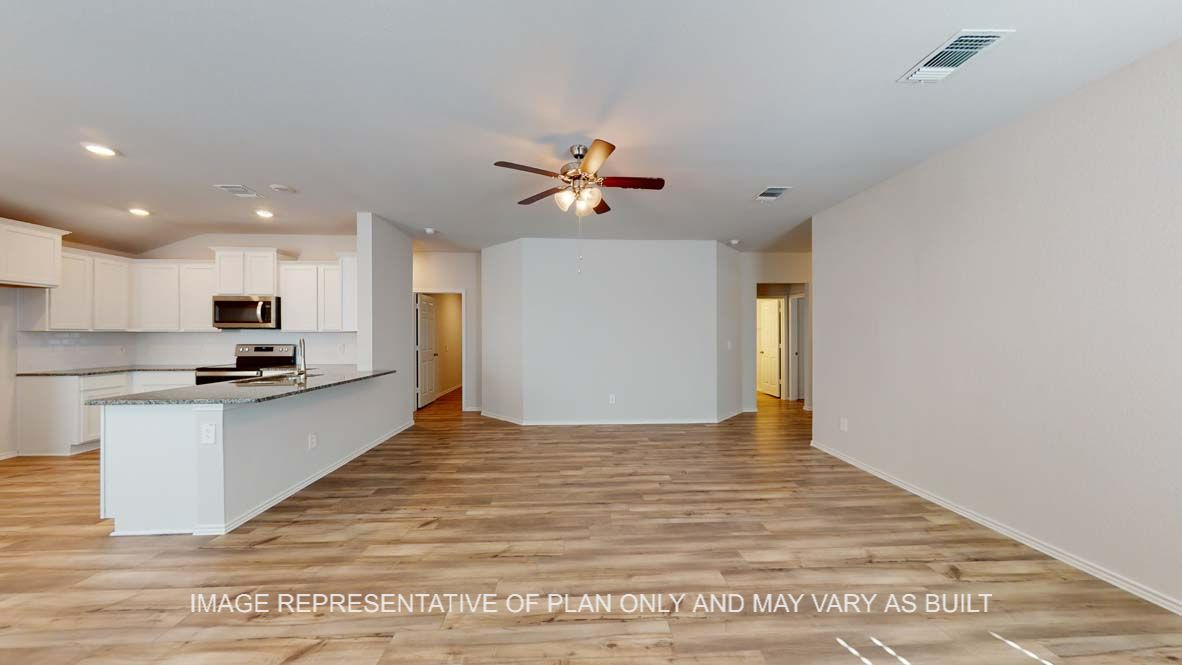 Roosevelt open concept living room, dining room and kitchen.