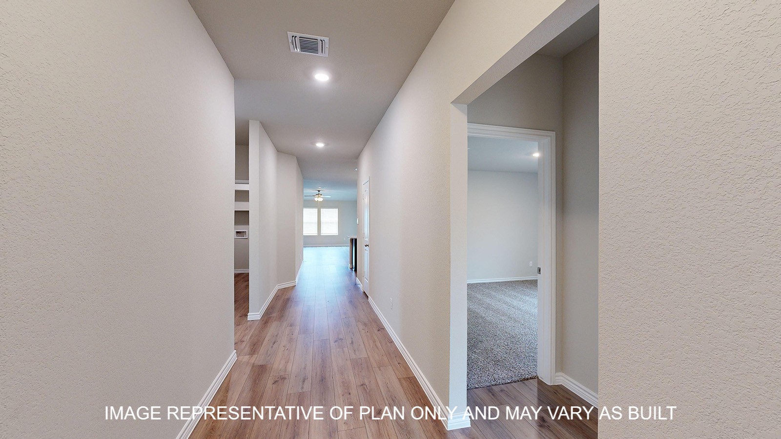 Monroe long entry hall with vinyl plank flooring and view to secondary bedrooms.
