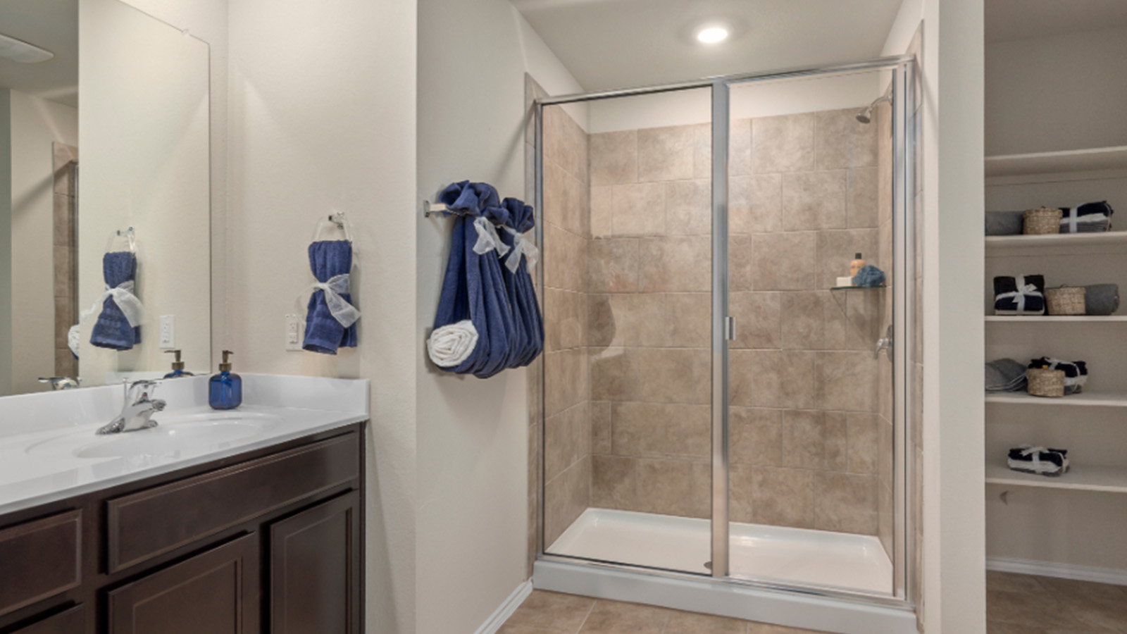 Yowell Ranch Model Home primary bathroom with vanity sink and walk-in shower.