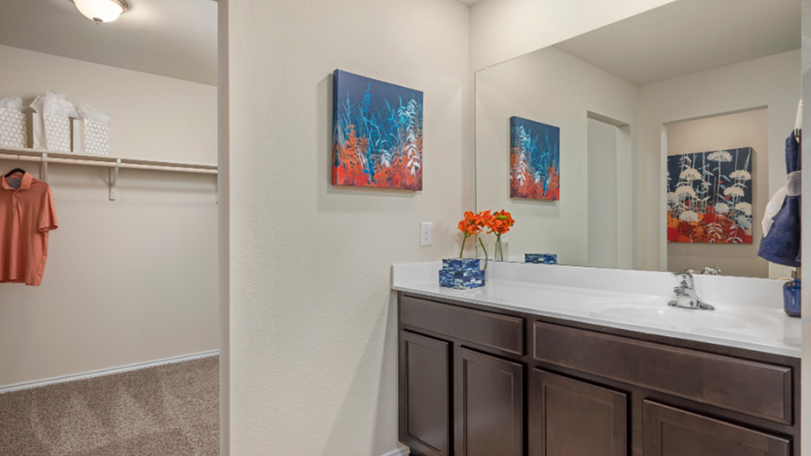 Yowell Ranch Model Home primary bathroom with vanity sink and view of primary walk-in closet.