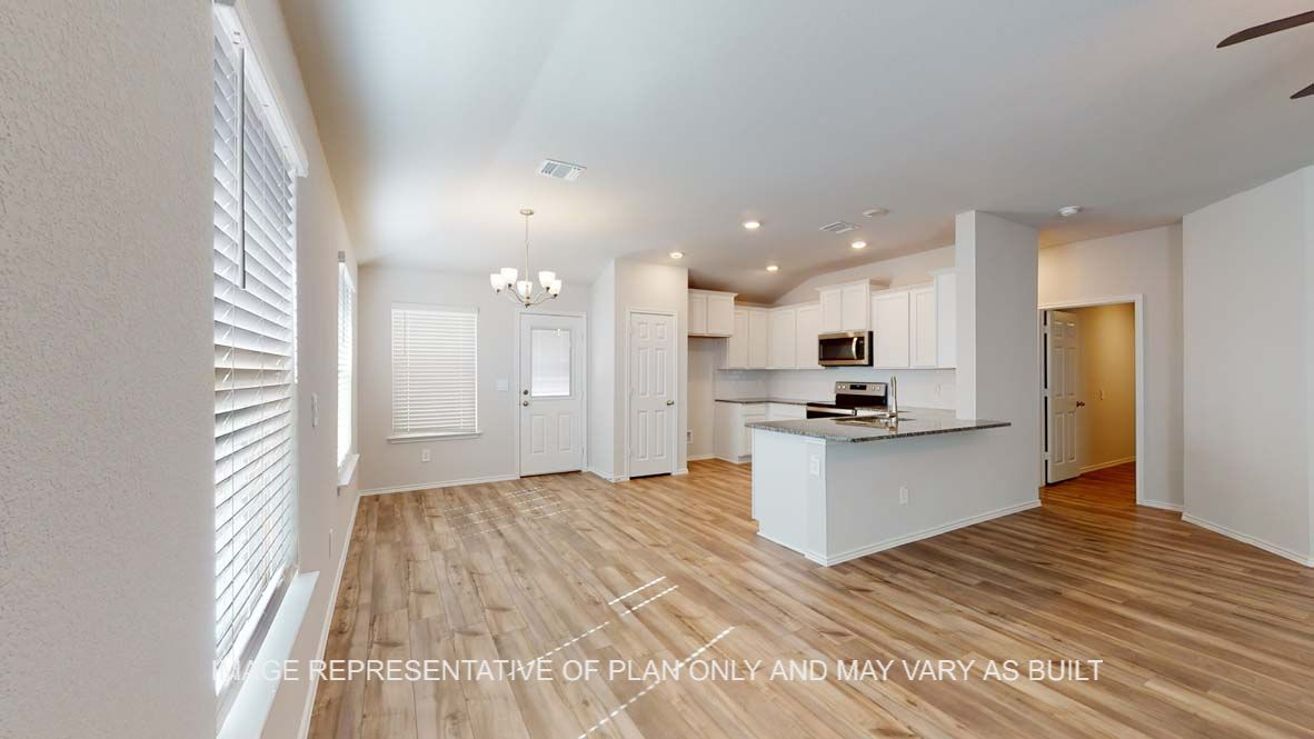 Roosevelt open concept living room, dining room and kitchen.