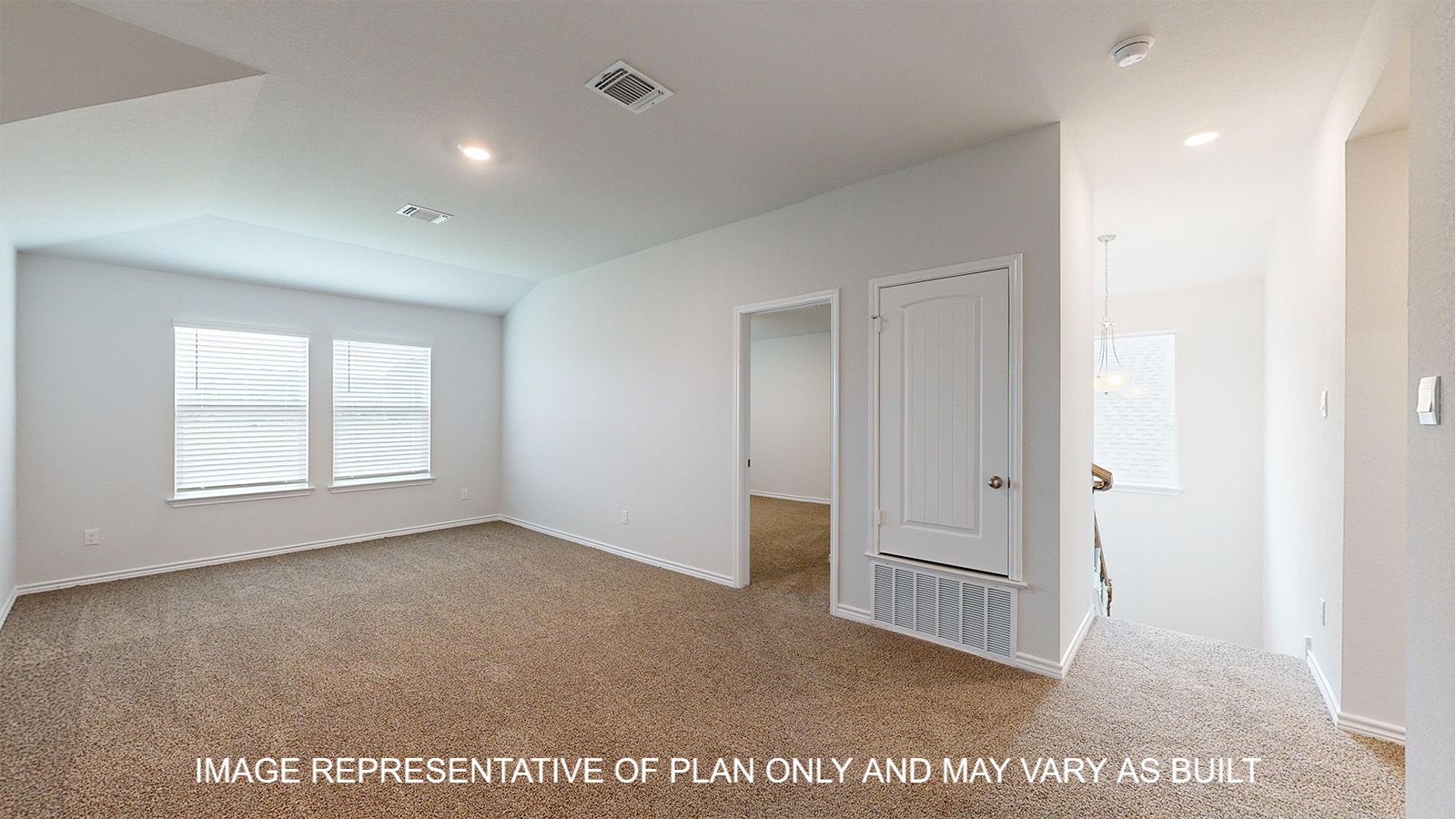 Magnolia open game room with carpet flooring.