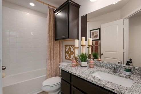 Foxborough model home secondary bathroom with single vanity sink and bathtub and shower combo.