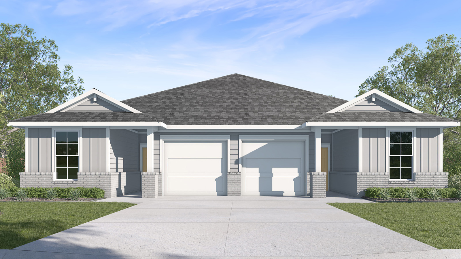 Multi Family Duplex A Elevation with Brick.