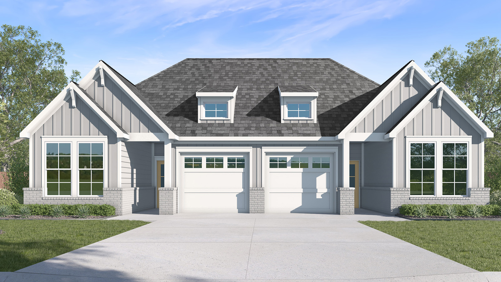 Multi Family Duplex A Elevation with Brick.