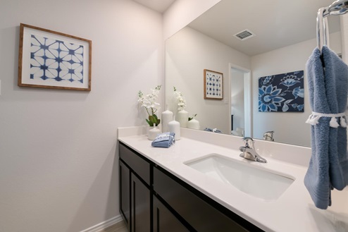 Willow Glenn model home primary bathroom with single vanity sink and mirror.