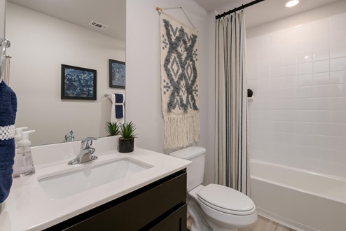 Willow Glenn model home secondary bathroom with single vanity sink and mirror.