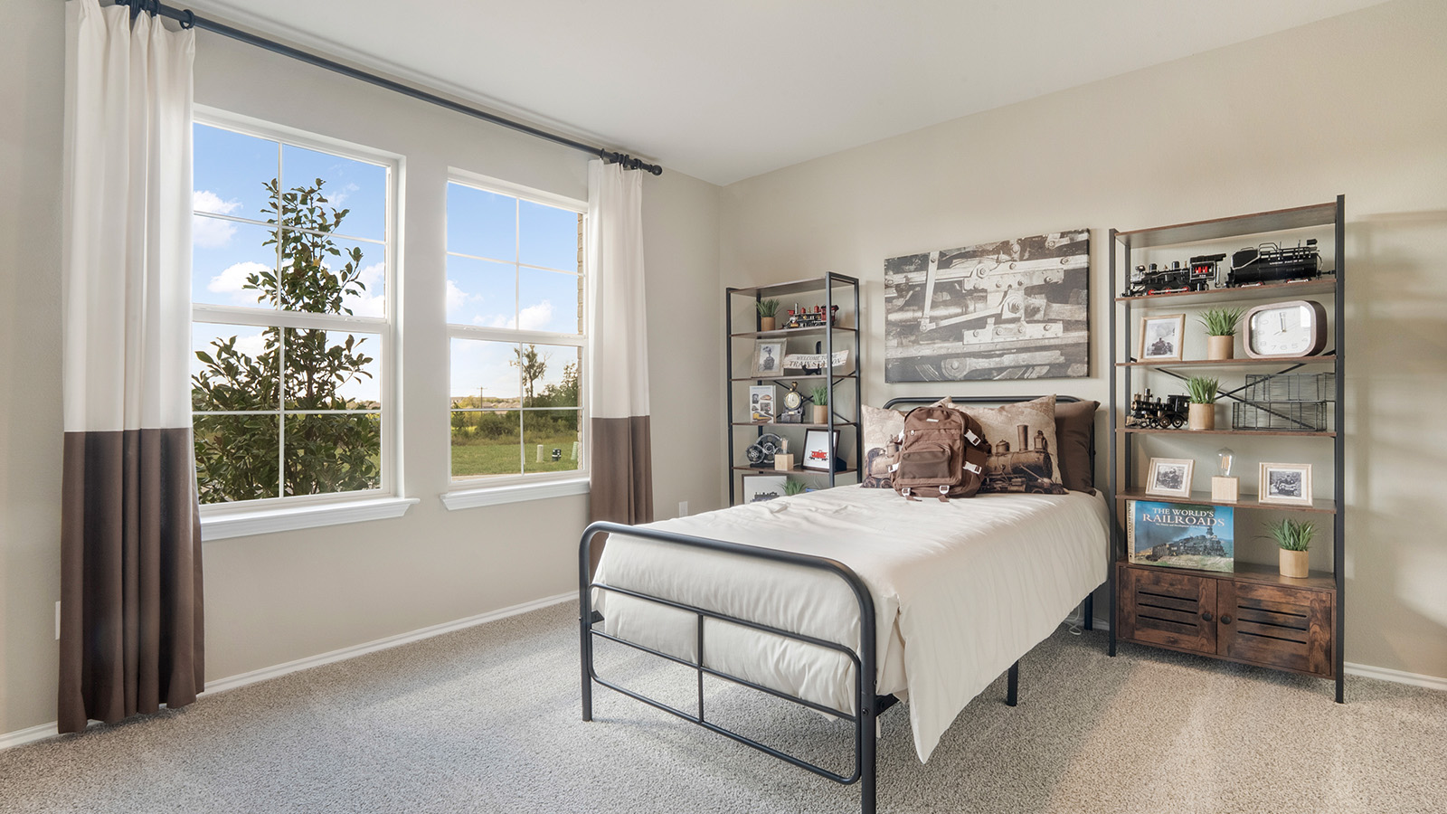 Pecan Creek Model Texas Cali secondary bedroom with carpeted flooring and window for lighting.