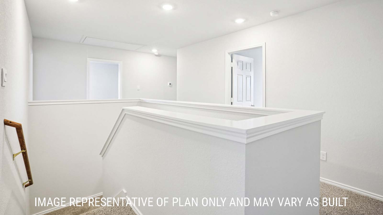 Franklin hallway with carpeted flooring and view of stairs to first floor.