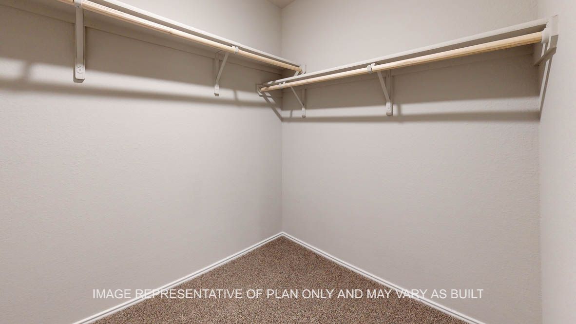 Camden primary walk-in closet with carpet flooring.