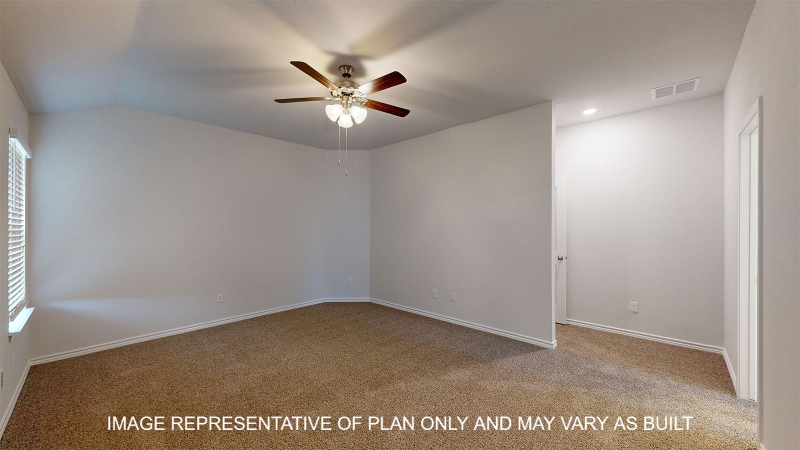Everett primary bedroom with carpet flooring and ceiling fan.