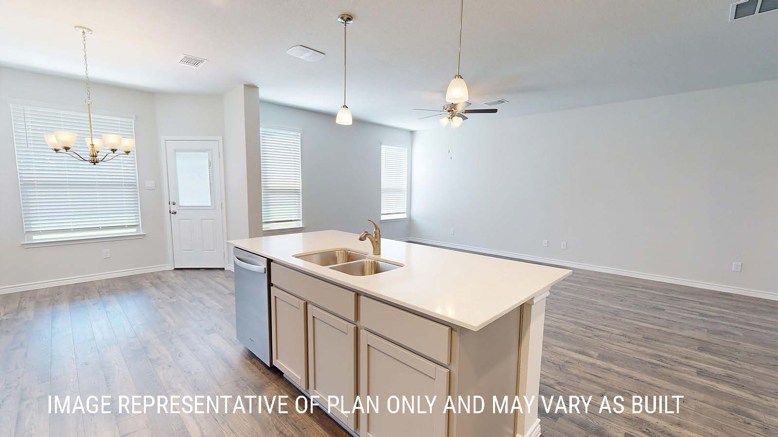 Sonoma kitchen with center kitchen island with granite countertops and view of dining room.