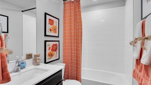 Lake Pointe Terrace secondary bathroom with bath and shower combo and mirror.