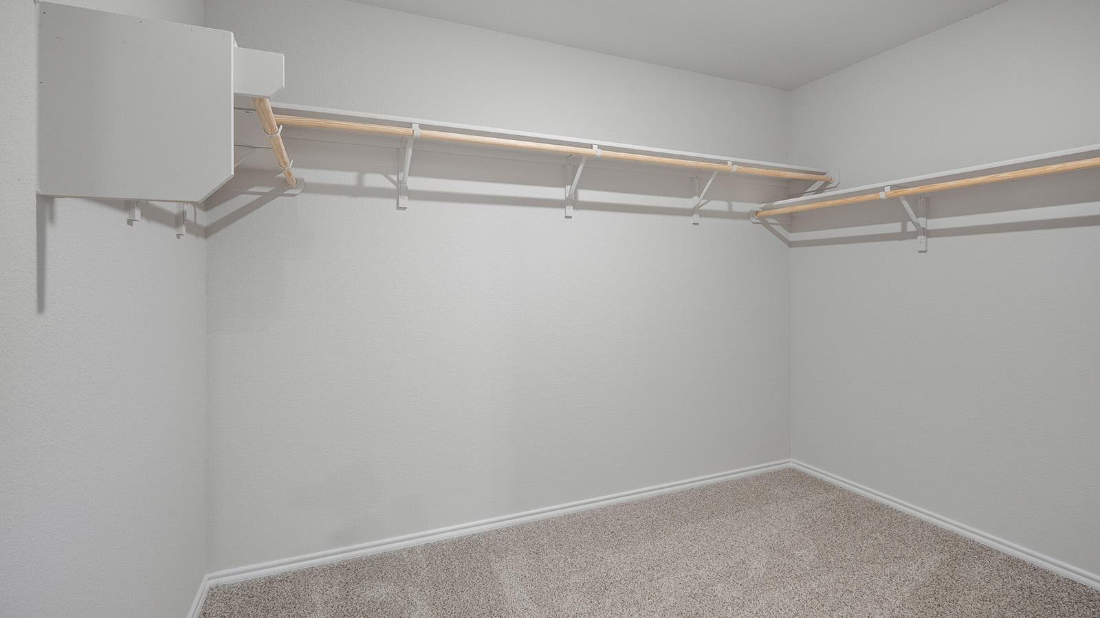 Creekside Hills model home primary bedroom closet with carpeted flooring and shelving for storage.