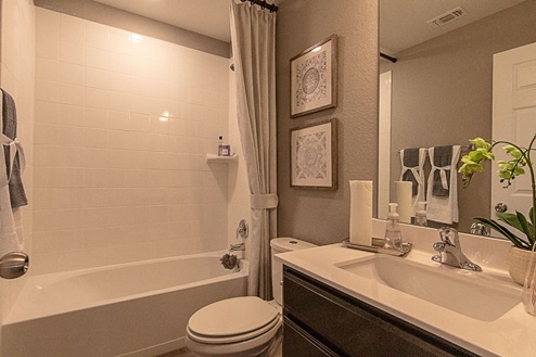 Creekside Hills model home secondary bathroom with single vanity.