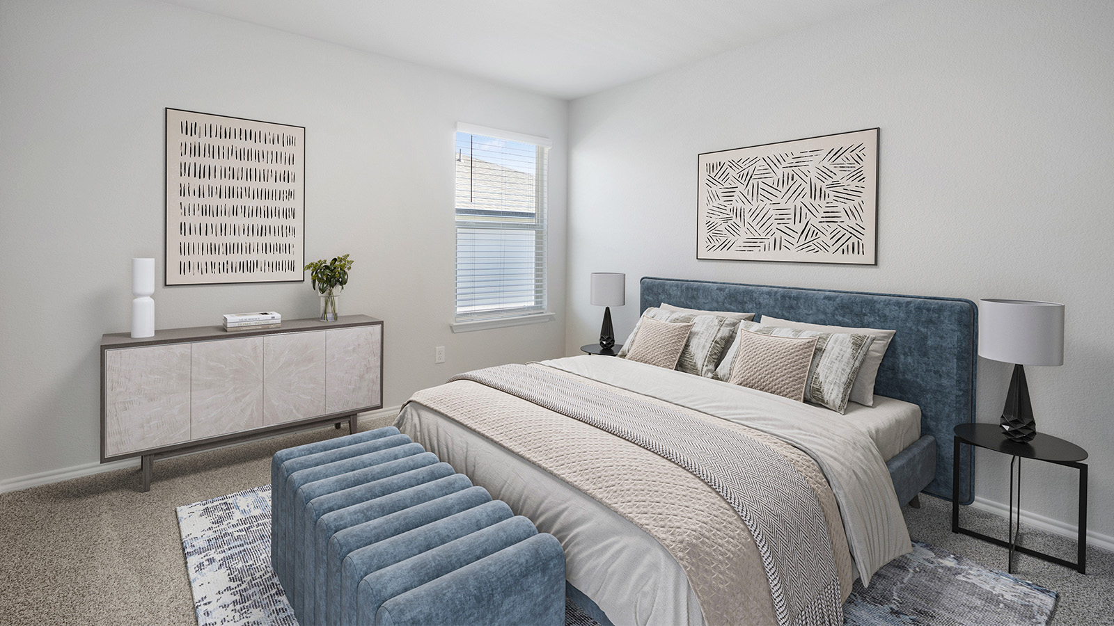 Creekside Hills model home secondary bedroom with carpeted flooring and window.