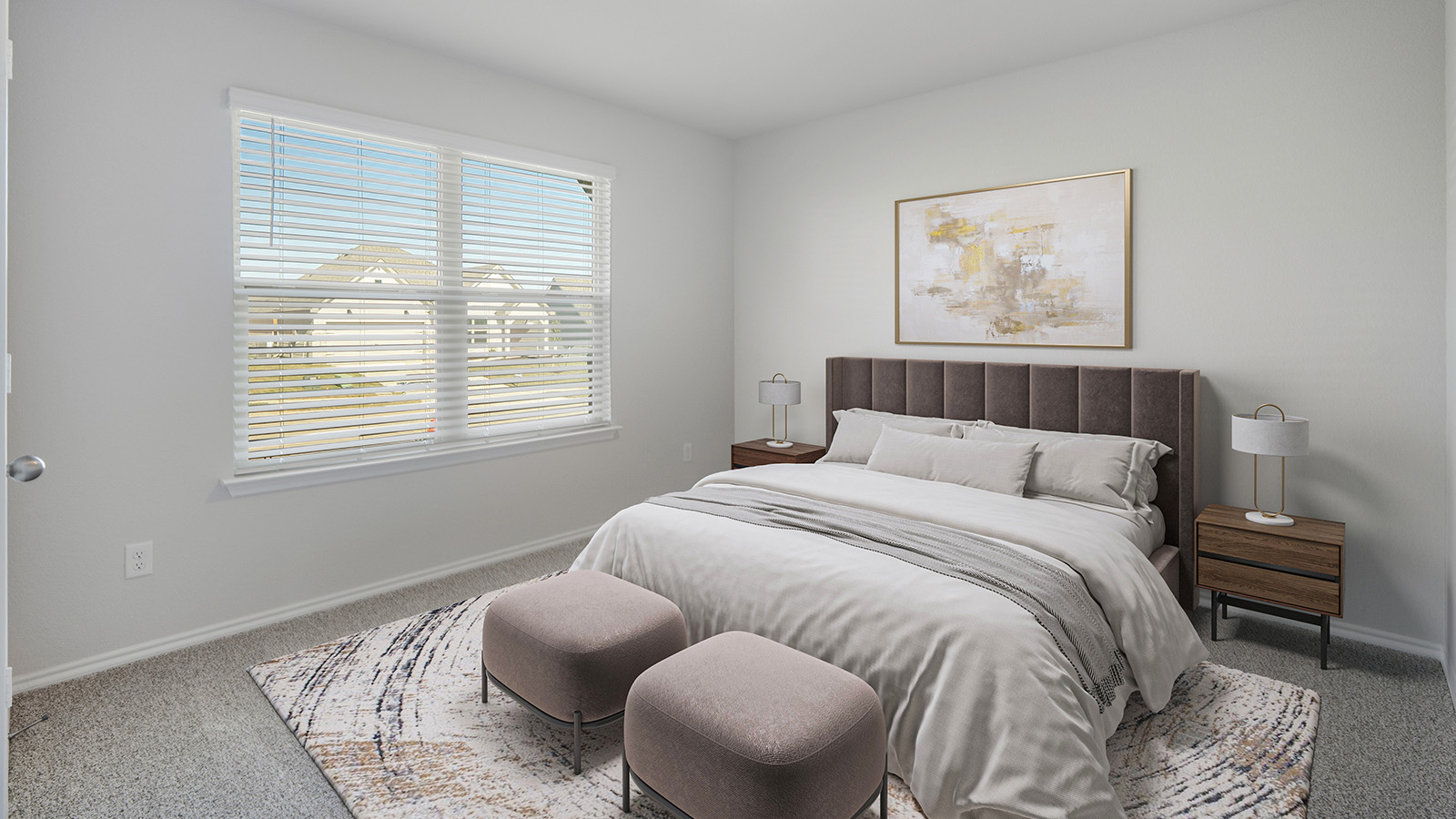Creekside Hills model home secondary bedroom with carpeted flooring and window.