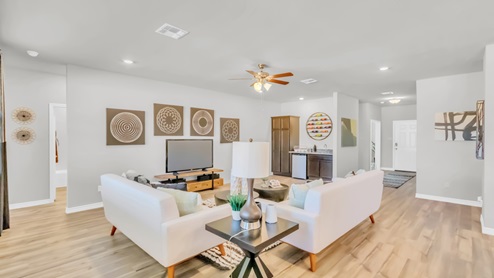 Village at Nolan Heights model home living room with view of the front door.