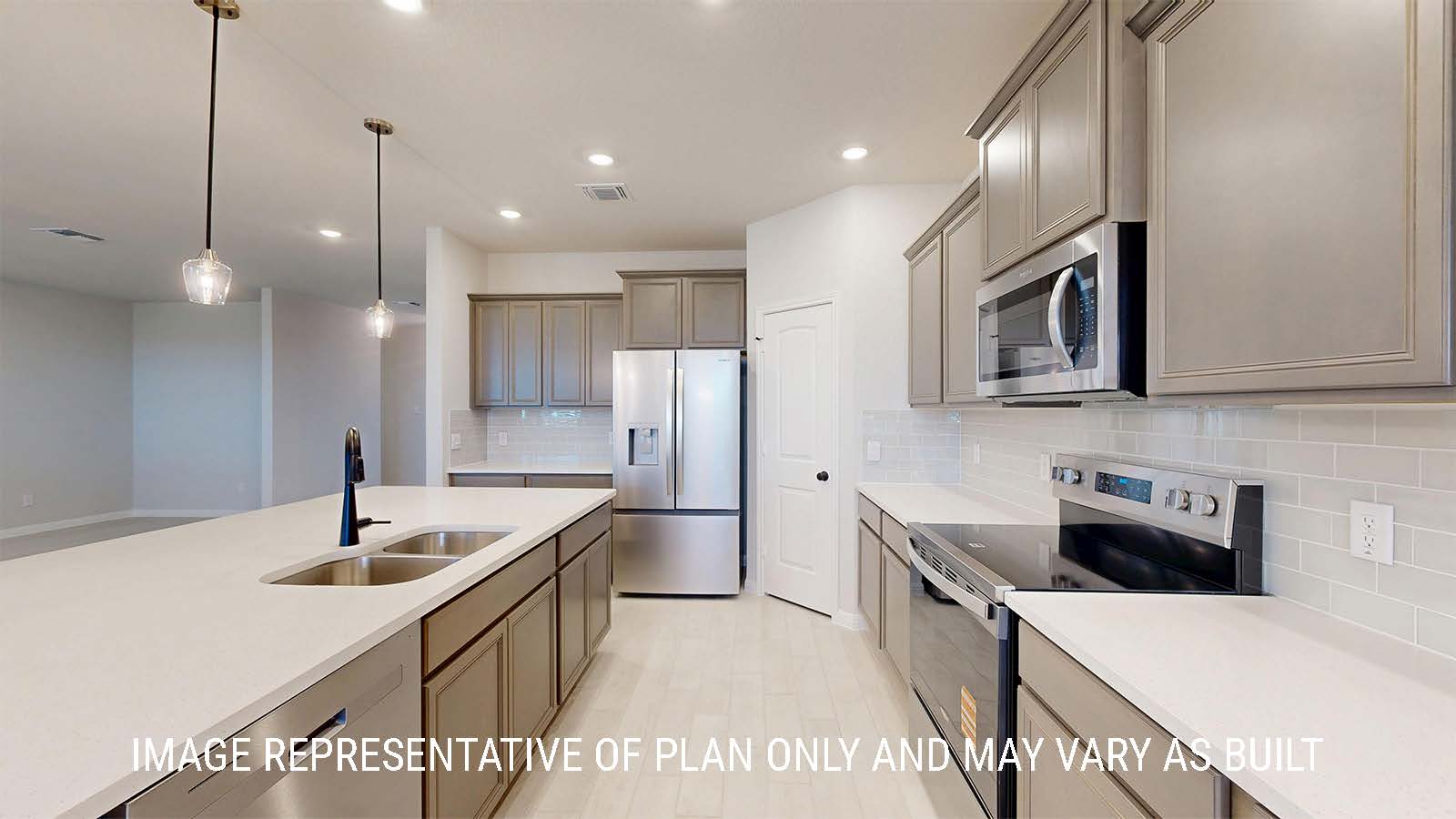 Parker II kitchen center kitchen island with granite countertops and dark cabinets.