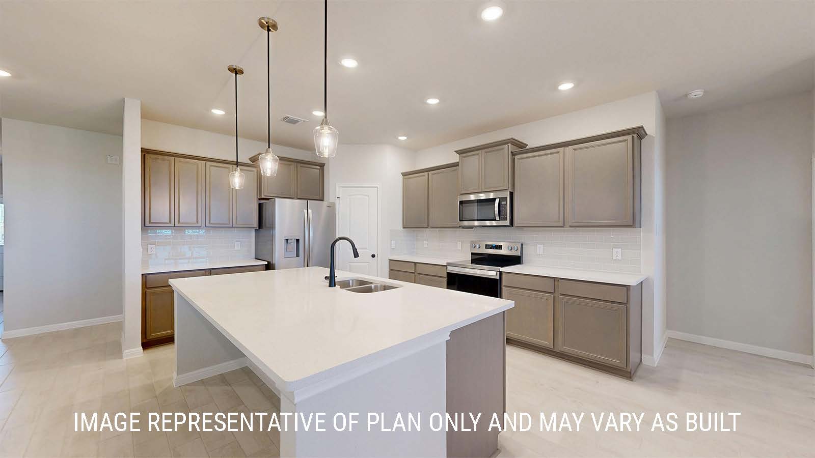 Parker II kitchen center kitchen island with granite countertops and dark cabinets.