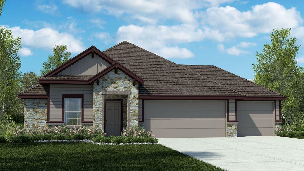 Everett H Elevation with 3 car garage.