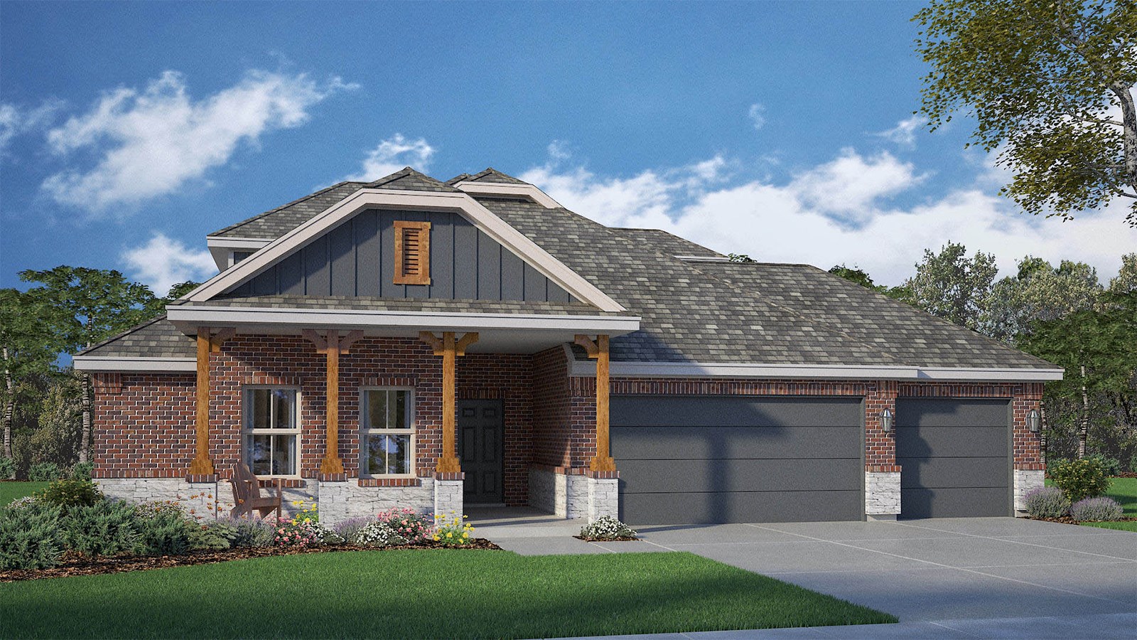 Newburgh Z Elevation with 3 car garage.