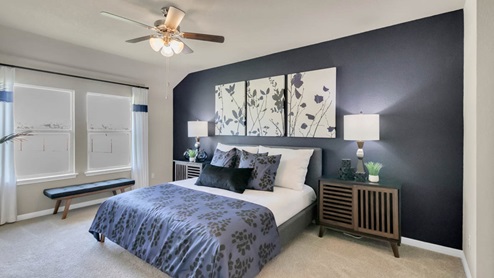 Delaware Springs model home primary bedroom with a king bed and accent decor.
