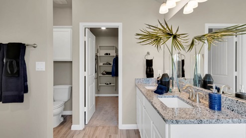 Delaware Springs model home primary bathroom with double vanity sink and walk-in closet.