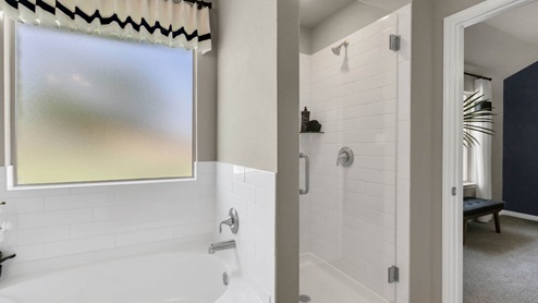 Delaware Springs model home primary bathroom with walk-in shower and soaking tub.