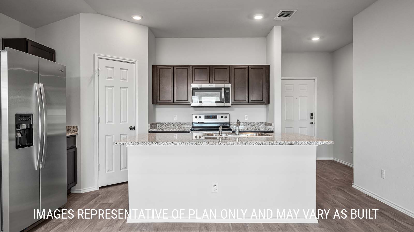 Elgin living room with view of kitchen center island with granite countertops.
