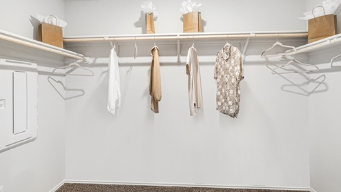 Mitchell Farm model home primary closet with spacious room and carpet flooring.