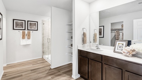 Mitchell Farm model home primary bathroom with single vanity sink and mirror.