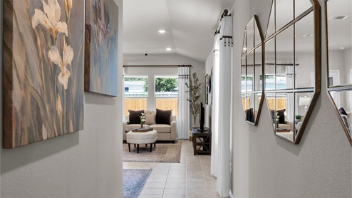 Reynolds Crossing model home entry into open living room.