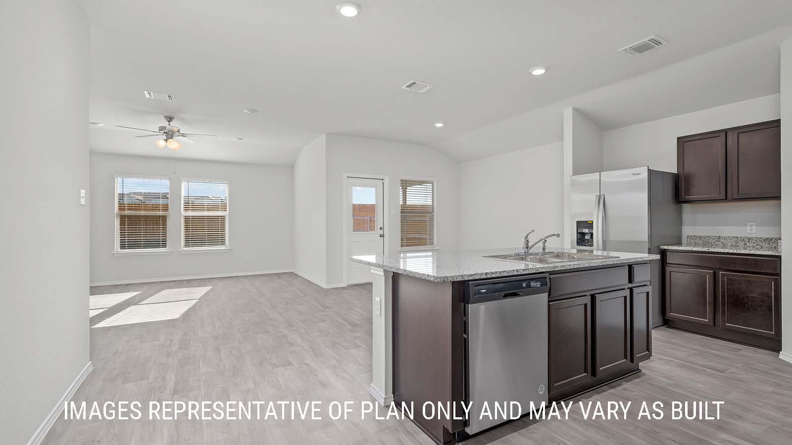 Texas Cali kitchen with kitchen center island with granite countertops.
