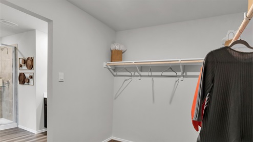 Eastern Wells Model Home primary closet with a few clothing items displayed.