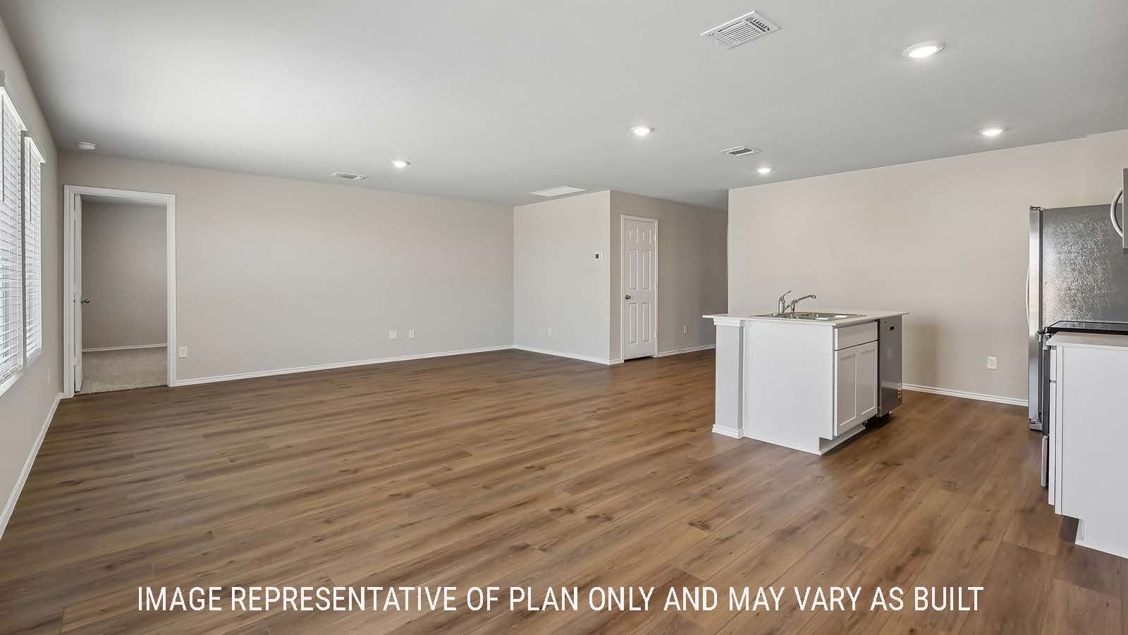 Austin dining room with view of open concept kitchen and living room.