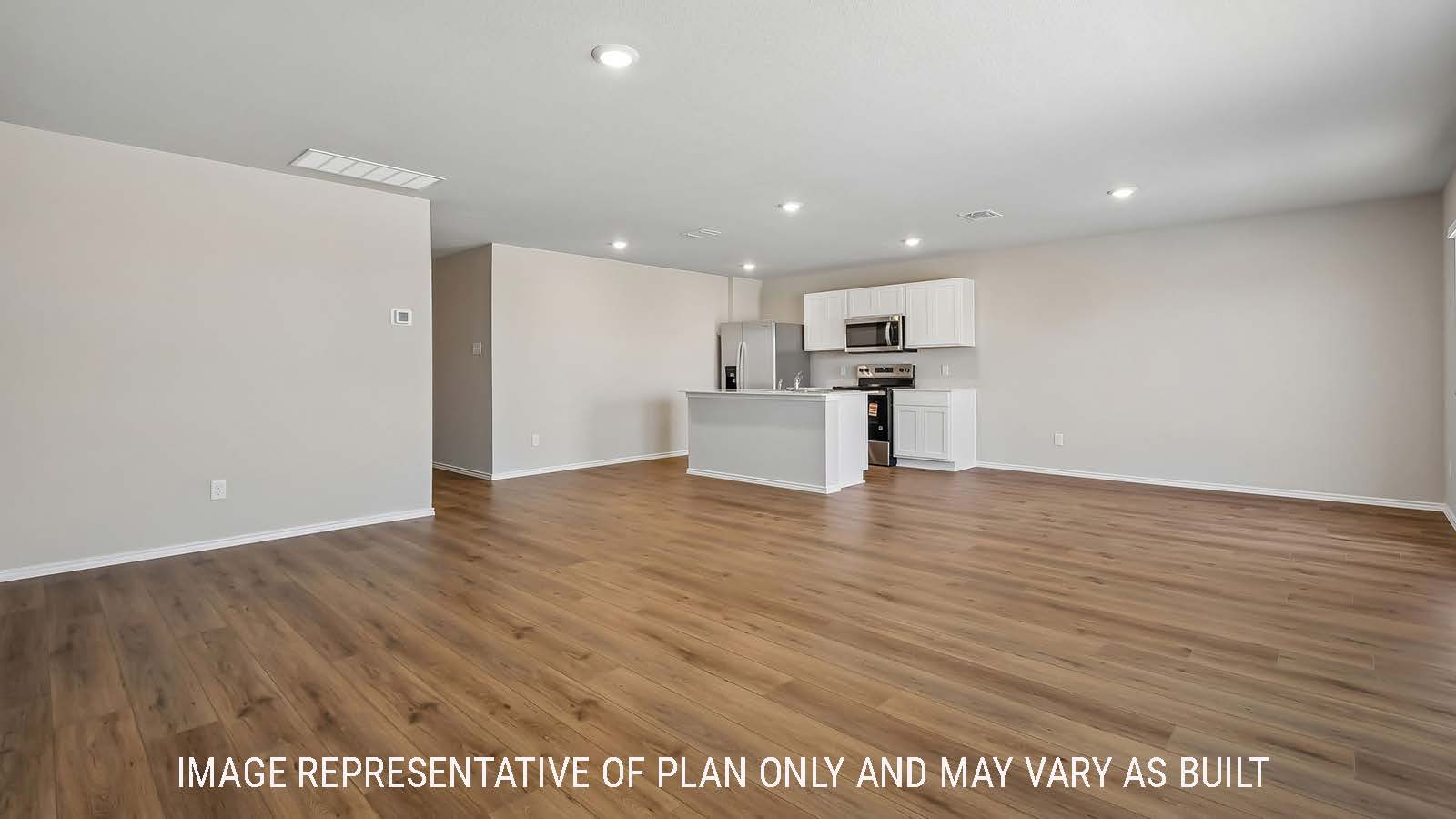 Austin living room with view of open concept kitchen and dining room.