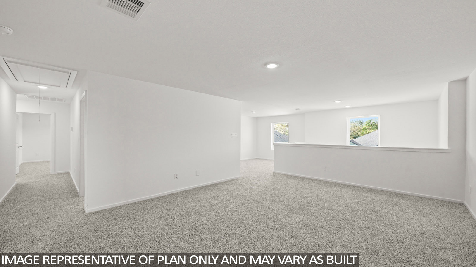 Cooper game room with carpeted flooring and view of stairs and hallway.