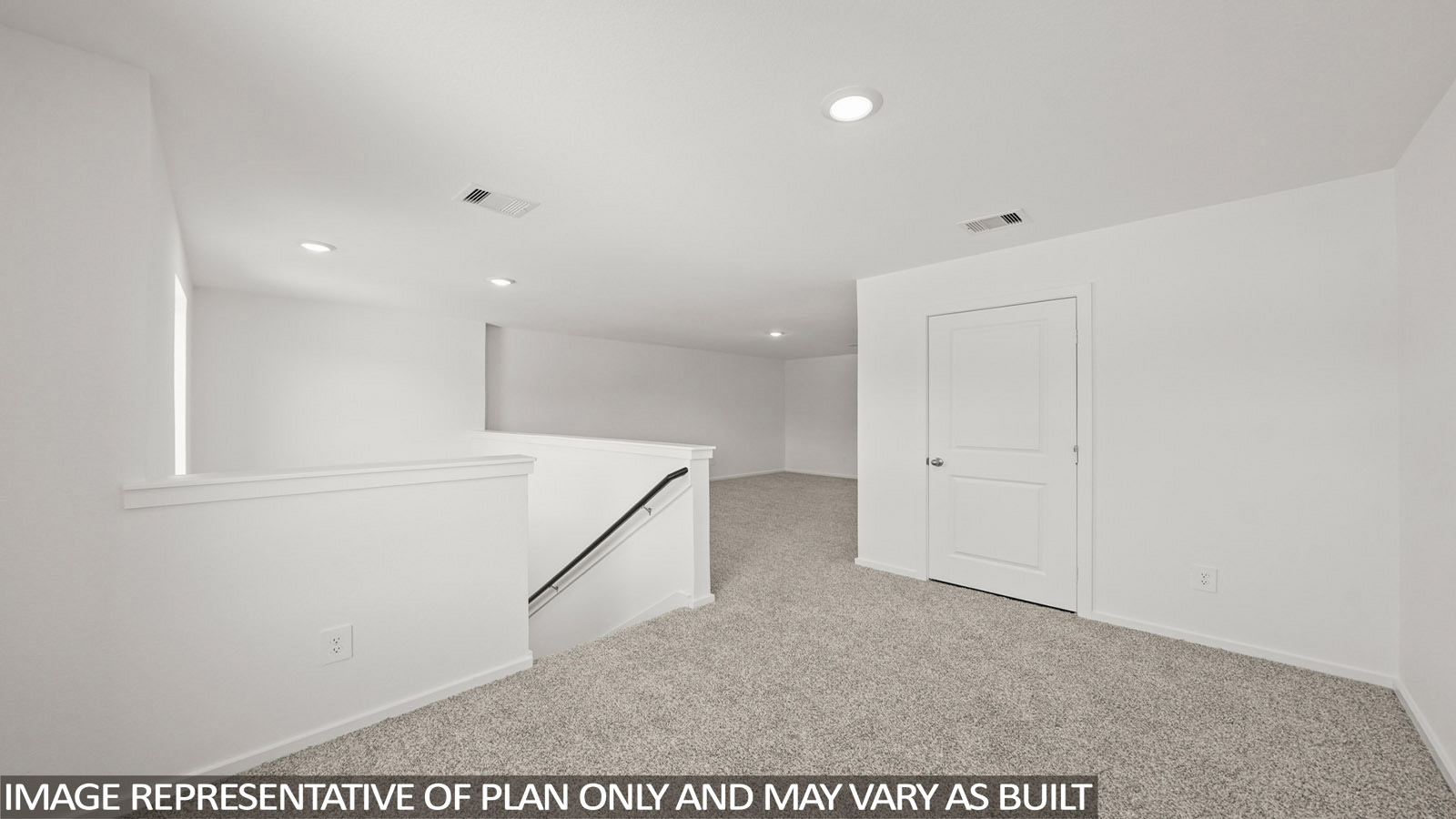 Cooper game room with carpeted flooring and view of stairs and window for natural lighting.