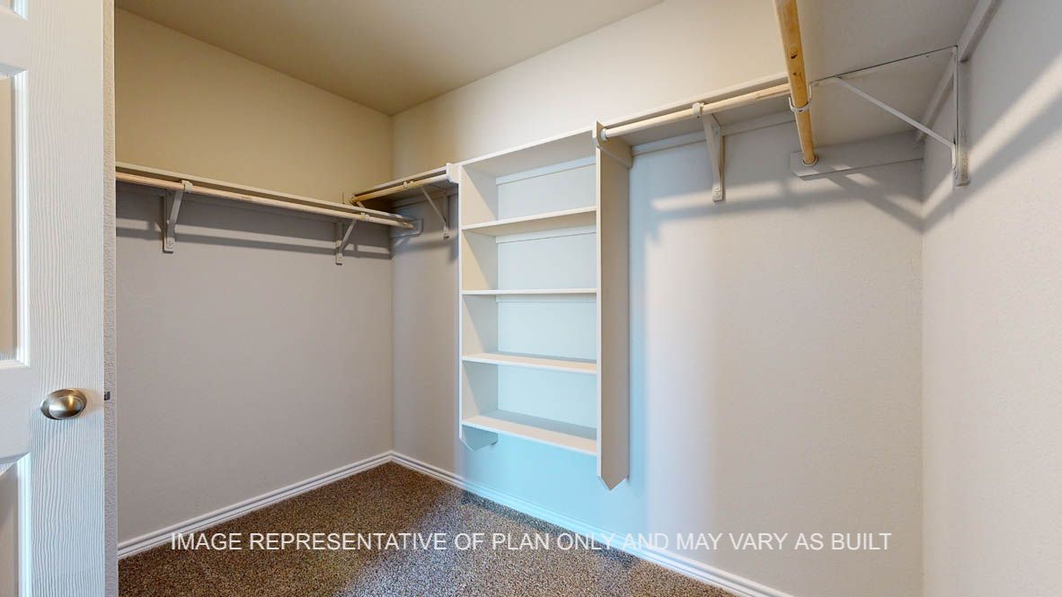 Elmwood primary bedroom walk-in closet with carpet flooring.